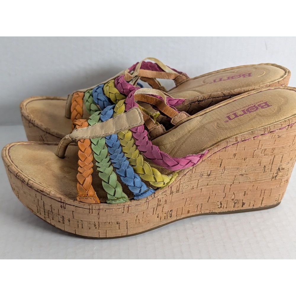 Born Rainbow Braided Leather Cork Wedge Sandals Women's Size 8 EU 39 Boho